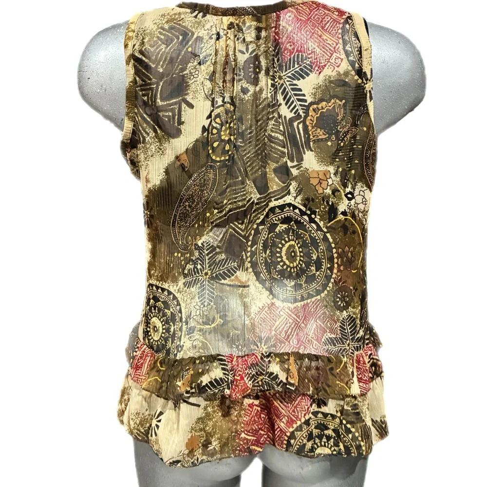 Y2K Vintage Solitaire Boho Ruffle Hem Blouse Tank Top Floral Beaded Neckline Lrg